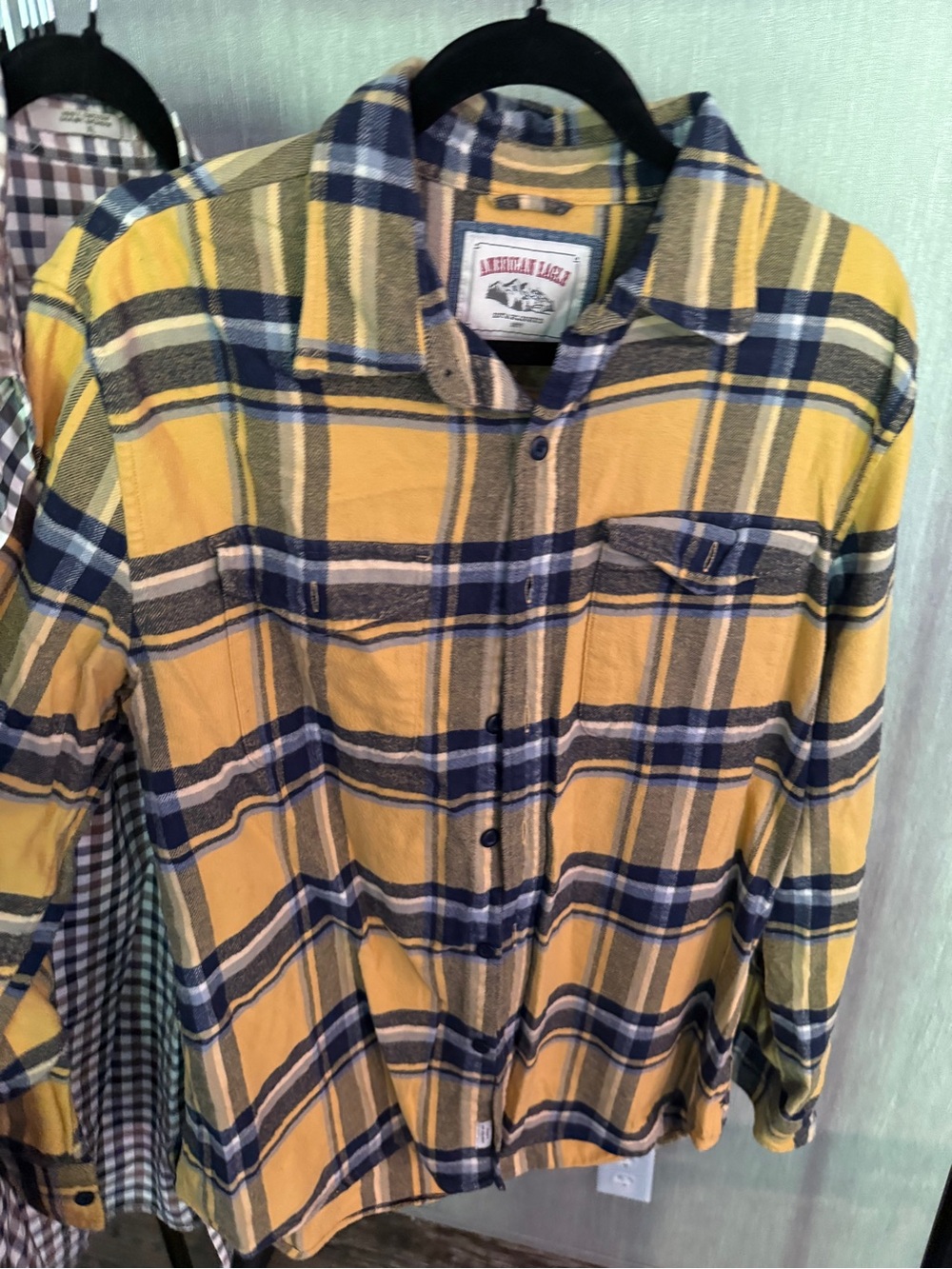 American Eagle Outfitters Yellow and Navy Plaid Flannel Shirt